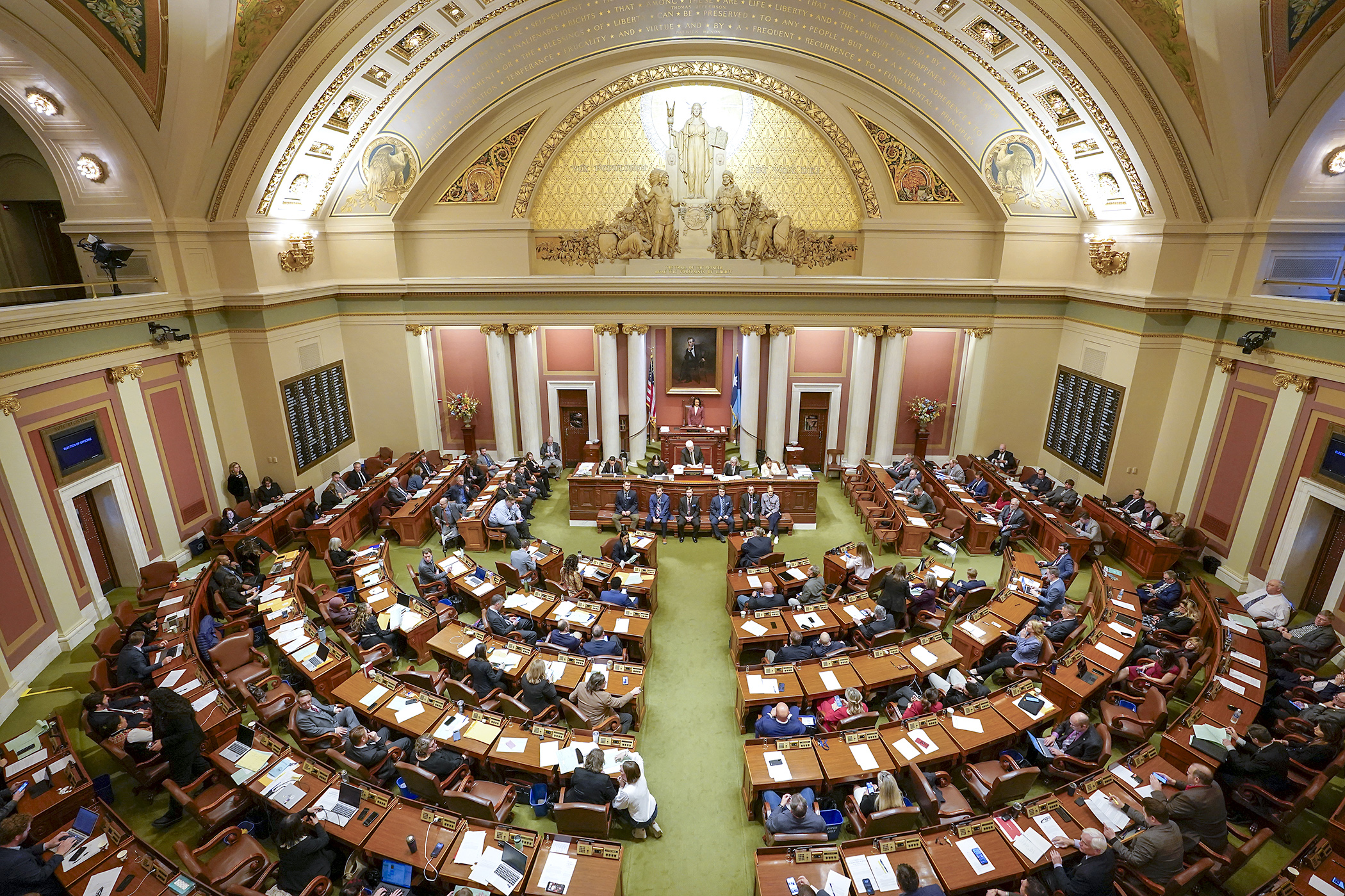 The House Chamber pictured Feb. 6, the first day of the 2025 session on which House DFLers were present. (Photo by Michele Jokinen)